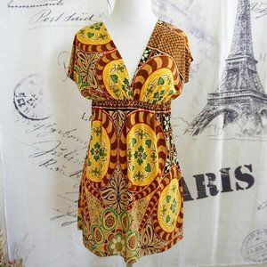 Yellow & Brown Babydoll Blouse Paisley Mandala Empire Waist - Size S